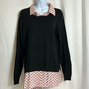 Adrianna Papell Women’s Size Medium Black Pink Sweater Hearts Layered Top
